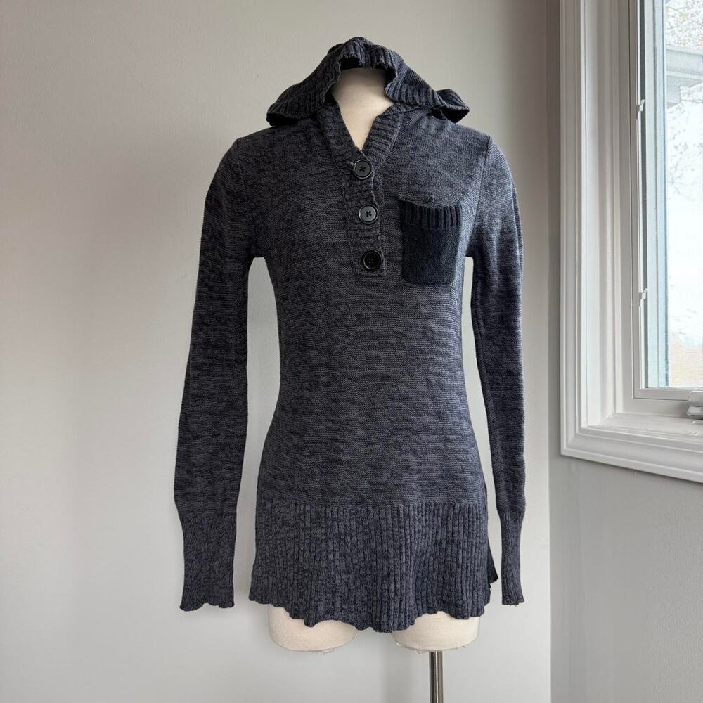 Roxy Dark Grey hooded knit sweater with quarter button detail and chest pocket